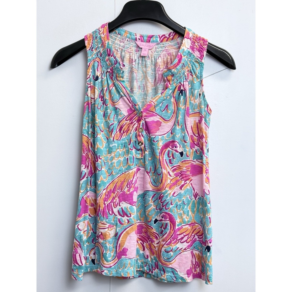 Lily Pulitzer Sleeveless V Neck‎ Essie Top in Peel & Eat Multi Flamingo Print XS